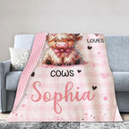 Personalized Baby Blankets for Girls, Custom Name Pink Highland Cow Pattern Baby Blanket, Soft Minky Dot Blanket for Newborns and Toddlers, Ideal for Baby Showers Christmas Brithday Gifts