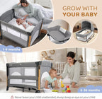 JOYMOR 7 in 1 Bedside Bassinet with Changing Table, All in One Nursery Center, Bedside Sleeper with Mattress, Sheet, Canopy, Storage Shelf,Gray