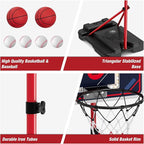 4 in 1 Kids Basketball Hoop and Tball Set for Toddlers 3-5, Basketball Goal with Scoreboard & LED, Hanging Tee Ball Stand with Baseball Pitching Machine, Indoor Outdoor Sport Toys for Boys 4-8