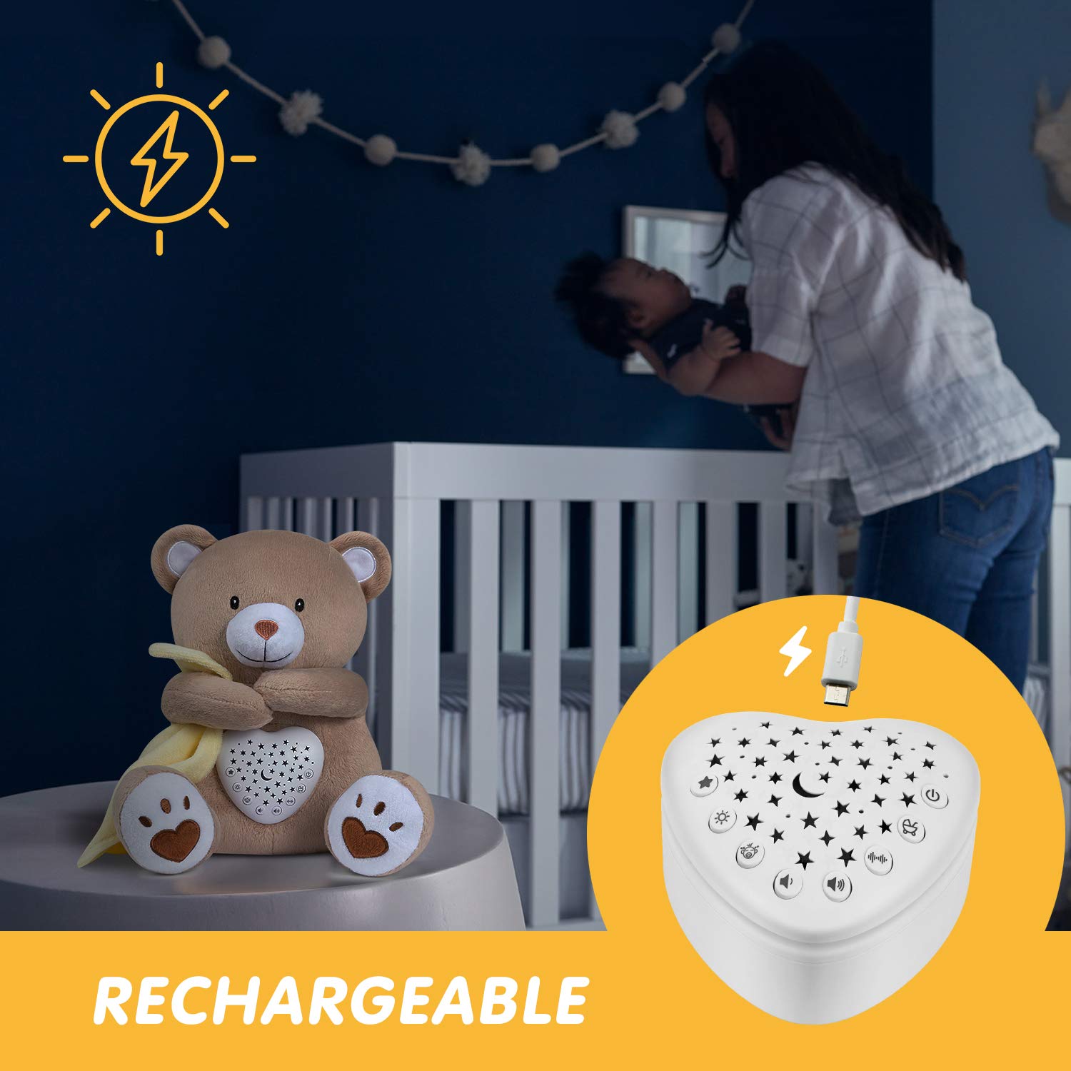 BEREST Rechargeable Baby Sleep Soother Bear, Mom's Heartbeat & Lullabies, White Noise Sound, Nursery Decor Night Light Projector, Toddler Crib Sleeping Aid, Baby Shower Gifts