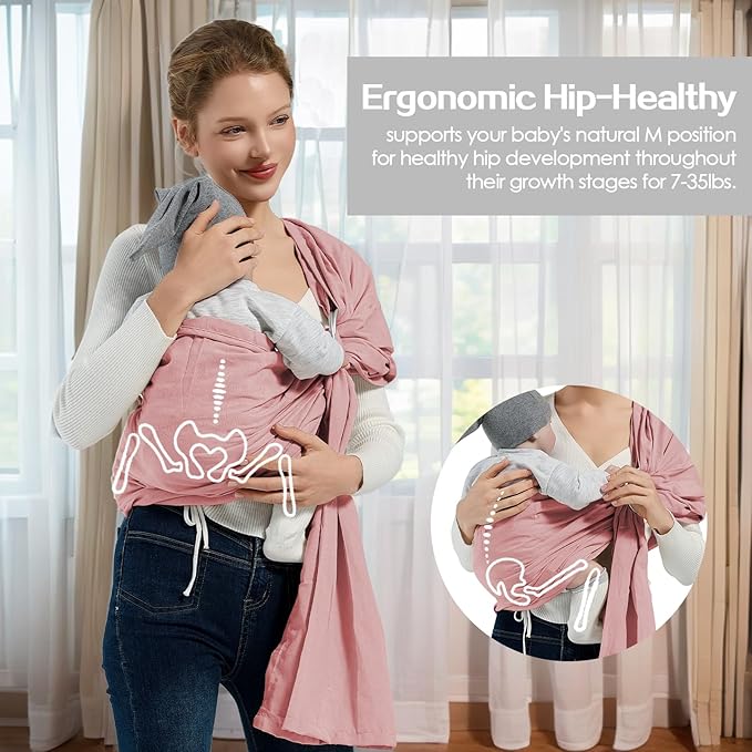 Baby Wrap Ring Sling 7-35 lbs, Baby Sling Carrier for Newborn, Toddler, Infant Holder, Lightweight Baby Carrier Wraps, Pink