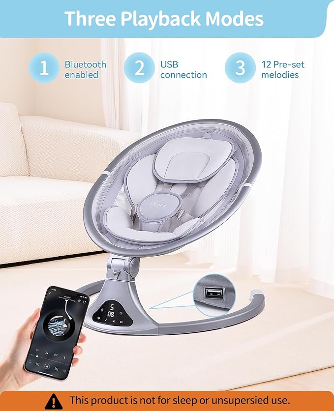 LAREX Baby Swing to Toddler Electric Infant Swing Portable for Newborn Boy Girl, 5 Sway Speeds with Remote Control, 12 Preset Melodies and Bluetooth, 0-6 Months Max 20 Lbs (2024 Model-Sliver)