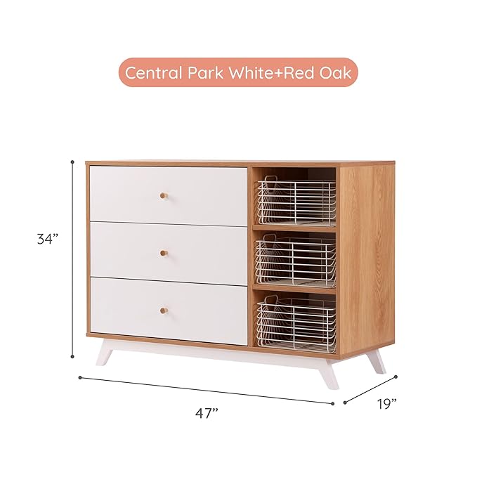 dadada Central Park 3-Drawer Dresser with Open Shelving - Modern Design, Baby-Safe Finish, Forged Steel Support, Sturdy Wood Legs, for Nursery, Kids or Teen Room, 47” Wide (White+Red Oak)