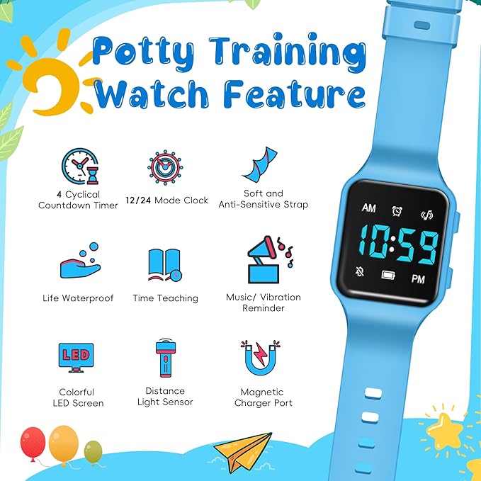 Potty Training Watch for Toddlers & Kids with Countdown, Flashing Lights, Fun Music or Vibration Alerts - Waterproof Interactive Toilet Training Reminder for Boys & Girls Ages 2-9