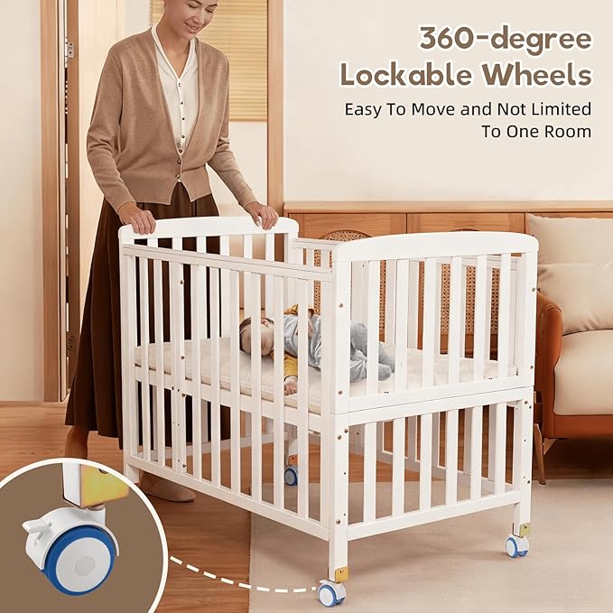 Baby Bassinets Bedside Sleeper - Portable Pine Wood Bedside Bassinet with Mattress,3 Heights Small Mini Crib,Baby Crib for Newborns,White