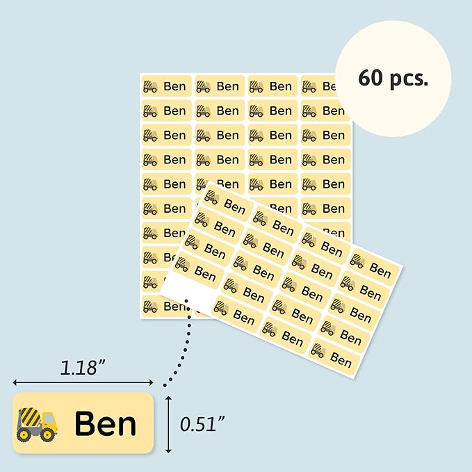 Personalized Name Labels for Kids (60) – Custom Waterproof & Durable Stickers for Clothing, Daycare, Office & School Supplies - Heavy Duty Vehicles