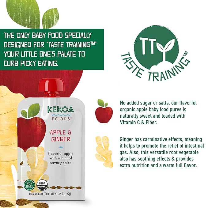 Kekoa Foods Apple & Ginger Baby Food Purée | 100% USDA Certified-Organic, No Sugar Added | Organic, Non-GMO, Gluten-Free, Vegan | Mild Ginger for Flavor Development | 3.5 oz Squeeze Pouch
