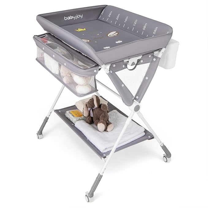 BABY JOY Portable Baby Changing Table, Foldable Diaper Changing Station with Wheels, Adjustable Height, Large Storage Rack, Trash Can, Mobile Nursery Organizer for Newborn Infant (Gray)