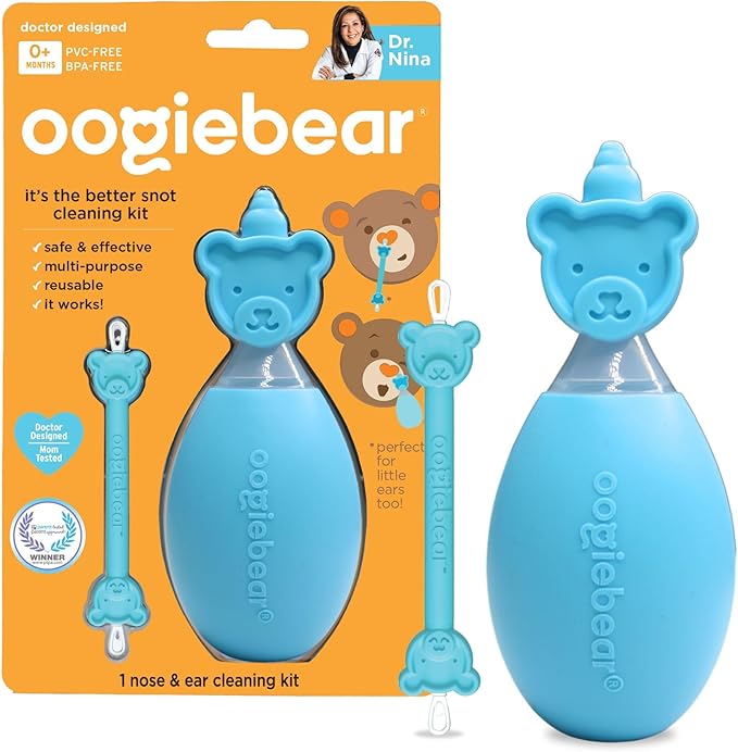 oogiebear BearPair FSA/HSA Eligible Silicone Bulb Baby Nasal Aspirator and Ear & Nose Syringe, Safely Sucks Snot and Removes Mucus, Cleanable and Reusable, Blue