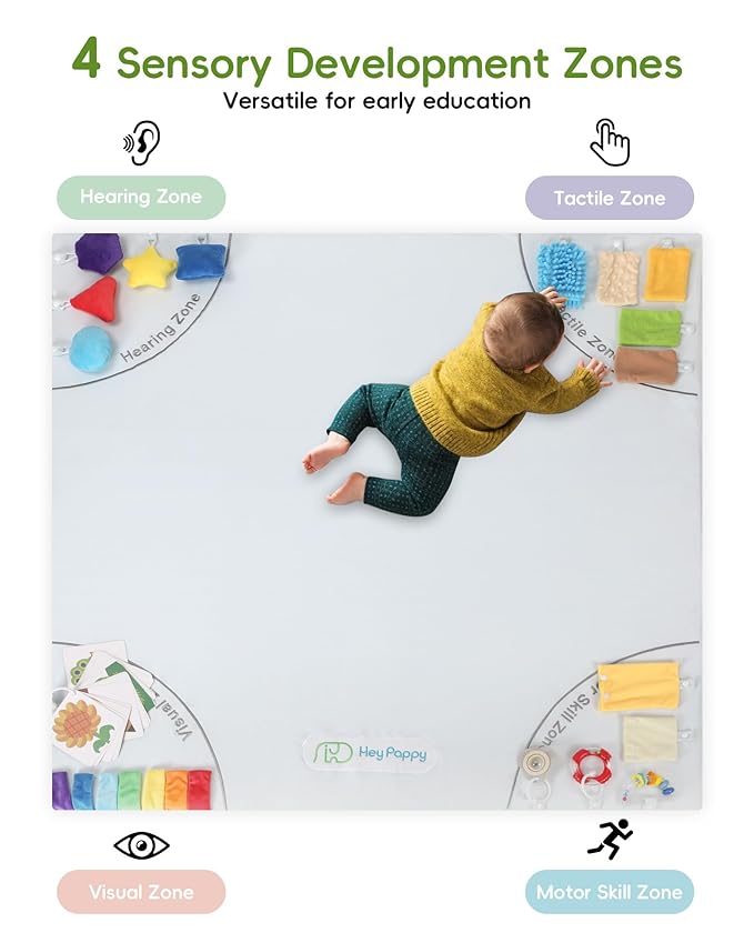 Baby Play Mat, 50''x50'' Playpen Mats with 4 Sensory Development Zones for Motor Skills, Unique Crawling Mats with Non-Slip Cushioned That Fits Nicely into Any Playroom, Grey