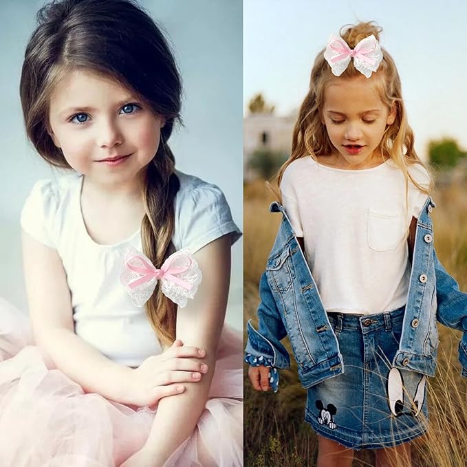 2pcs Lace Hair Bows for Girls, White Lace and Pink Hair Ribbons, Alligator Bow Hair Clips, Handmade Hair Accessories for Girls