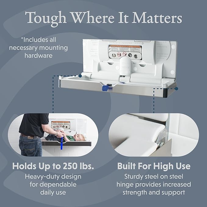 Foundations Stainless Steel Frameless Horizontal Baby Diaper Changing Station, Wall Mounted, Built in Liner Dispenser, Dual Bag Hooks (5410339)