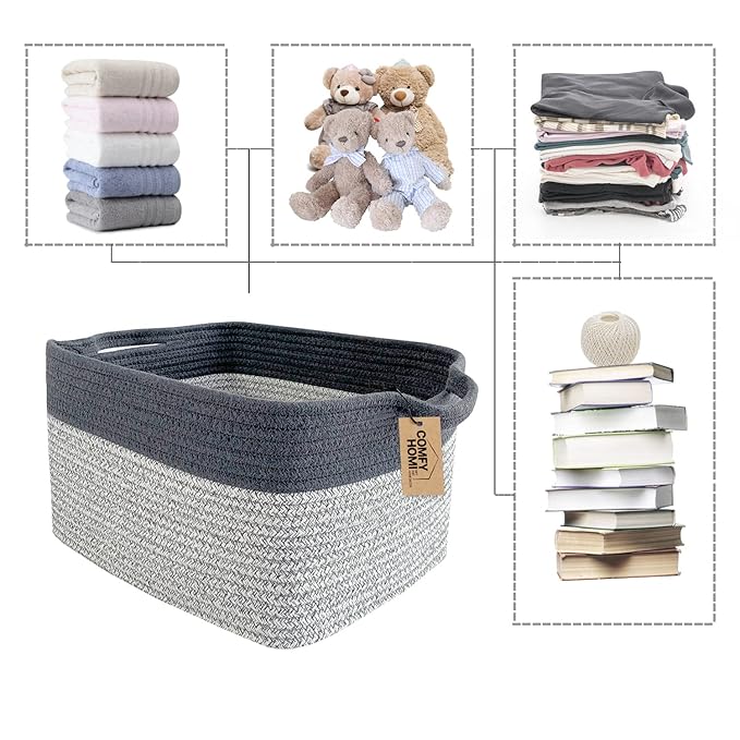 COMFY-HOMI Cotton Rope Woven Basket with Handles for Shelves,Toys,Book, Cloth Storage Baskets Bin for Organizing-13.5"x11"x9.5" Toy Decorative Organizer for Living Room, Bathroom-Light Grey