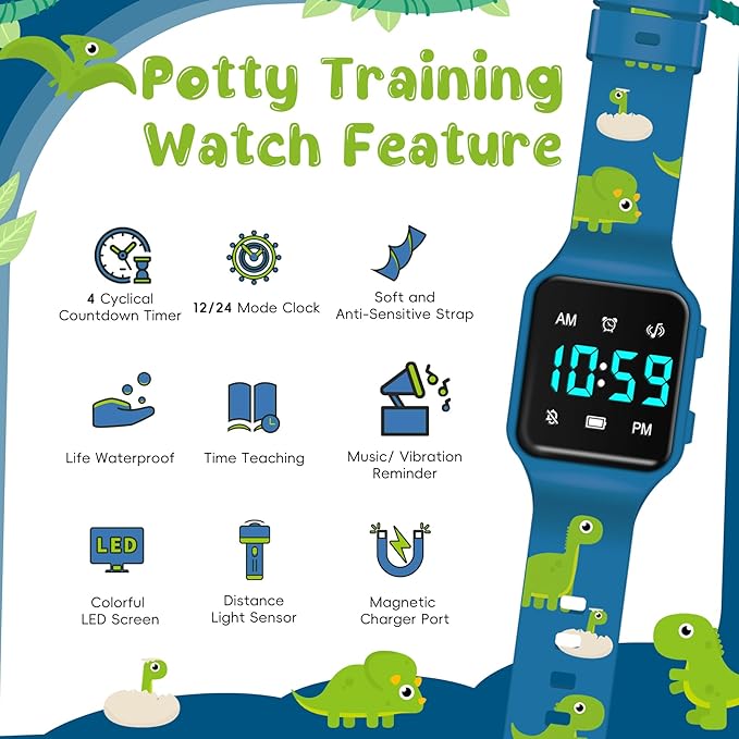 Potty Training Watch for Toddlers & Kids with Countdown, Flashing Lights, Fun Music or Vibration Alerts - Waterproof Interactive Toilet Training Reminder for Boys & Girls Ages 2-9