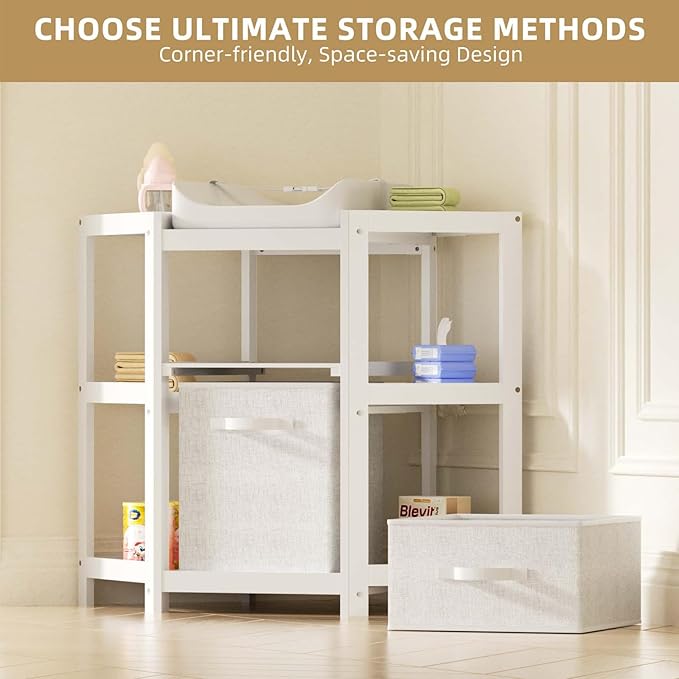KORIMEFA Changing Table with Drawers, Corner Baby Diaper Changing Station with Laundry Hamper, Storage Bin, and Contoured Pad for Baby - White