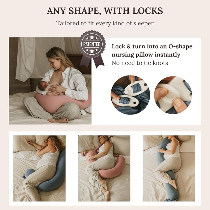 Cuddobaby Pregnancy Pillow 5-in-1 【Cooling Cover, Adjustable Firmness】 Patented Lock Design, Turn into O-Shape Nursing Pillow, 5-Point Full Body Support, Maternity Pillow with Travel Bag - Pink