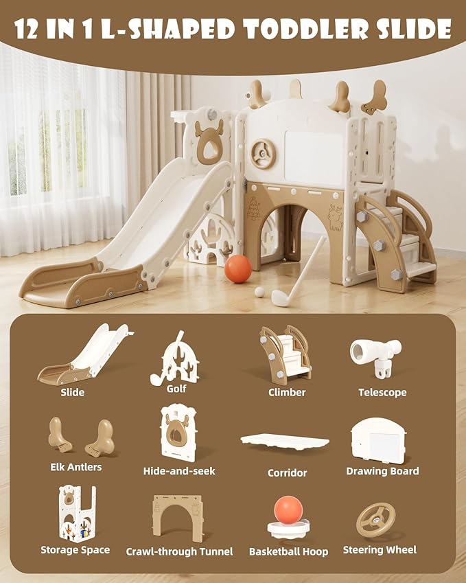 YUFU 12 in 1 Kids Slide for Toddlers, Toddler Slide Playset with Golf, Drawing Board, Climber, Basketball Hoop and Storage Space, Indoor Outdoor Toddler Playground for Kids Age 1-3 (Brown)