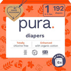 Pura Size 1 Eco-Friendly Diapers (4-11lbs) Hypoallergenic, Soft Organic Cotton Comfort, Sustainable, Wetness Indicator, Allergy UK, Newborn, Bulk Buy, 6 Packs of 32 (192 Baby Diapers)