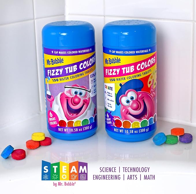Mr. Bubble Fizzy Tub Colors Bath Water Coloring Tabelets, 6 Bright Colors, Red, Orange, Yellow, Purple, Blue and Green, Fragrance Free, Cap Makes Colorful Waterfall (3 Jars, 150 Tablets Each)
