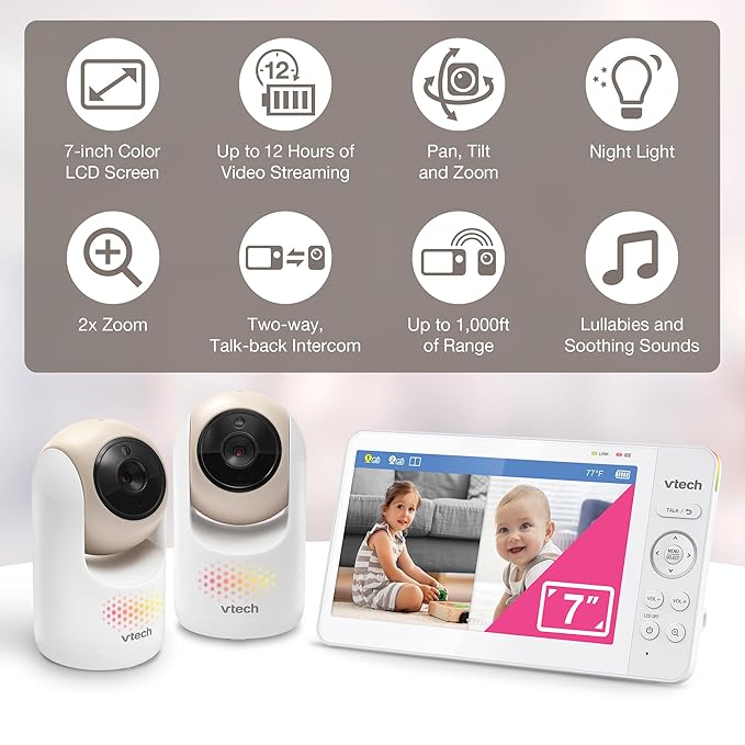 VTech 2-Cameras Video Baby Monitor with 7" Color LCD Screen, Rechargeable Battery, Video and Audio Streaming, Pan-Tilt-Zoom, Touch Multi-Color Night Light, Two-Way Talk: Advanced Max Twin (Tan)