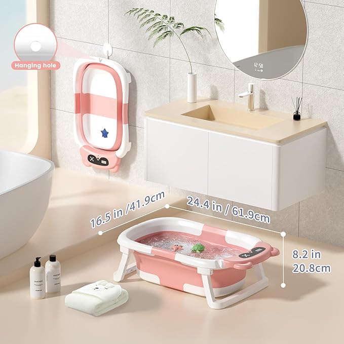 Collapsible Baby Bathtub for Newborn to Toddler (0-18 Month) - Portable Baby Bath Tub for Travel, Newborn Bathtub with Soft Towel and Floating Cushion (Pink)