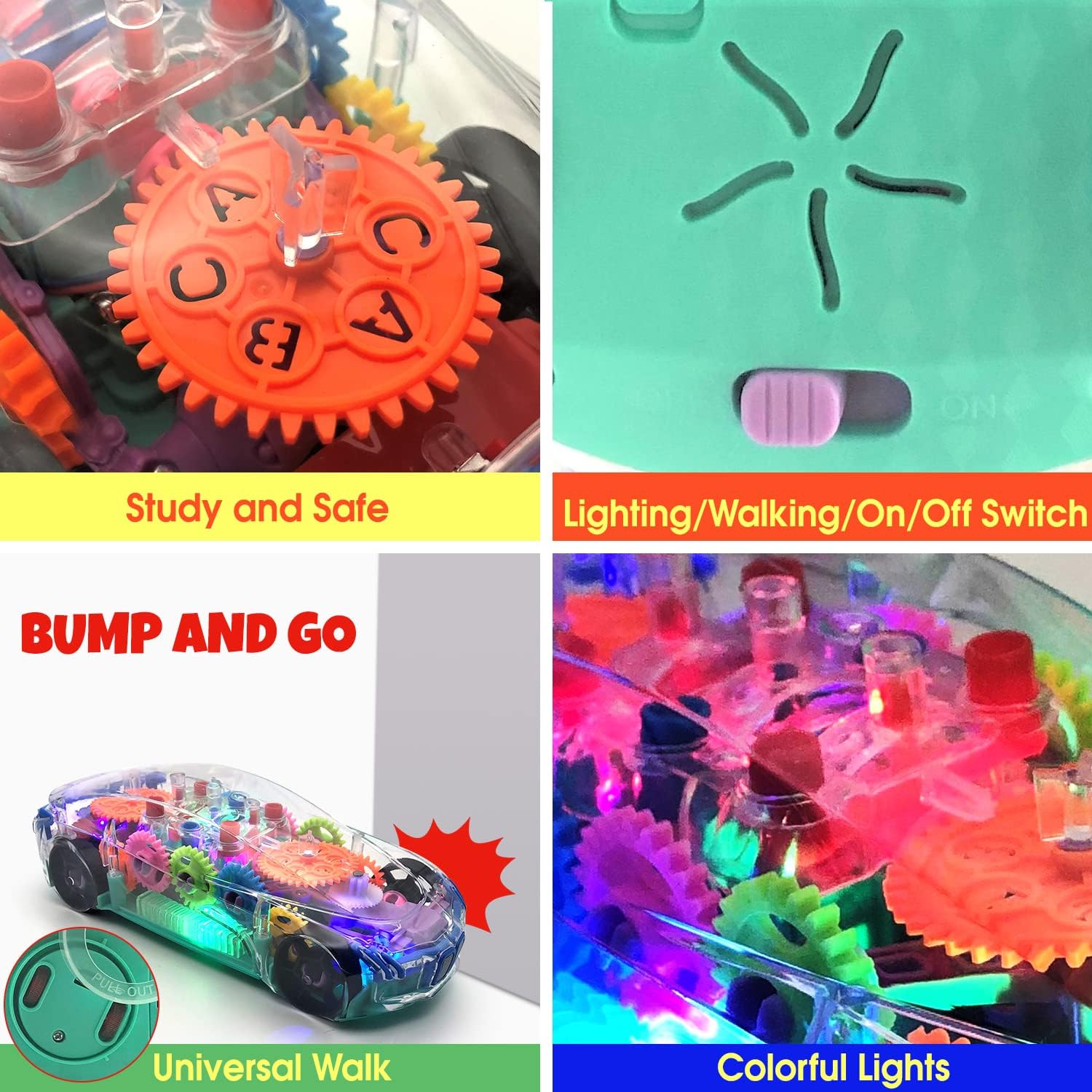 Light Up Transparent Sensory Car - Fun and Interactive Toy for Kids- Music Car with LED Light Up - Colorful Moving Gears -Tummy Time Crawling Baby Toy -Birthday Gift Idea for Boys & Girls