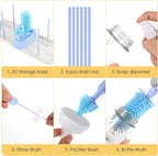 Portable Baby Bottle Brush Set - 7 in 1 Baby Bottle Cleaner Kit, Baby Travel Essential Bottle Washing Kit with Silicone Bottle Brush, Nipple Brush, Straw Brush, Drying Rack for Home and Travel (Blue)