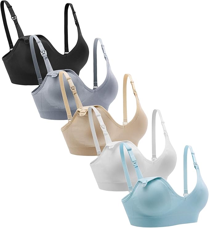 Suekaphin Nursing Bra 5pack Wireless V Neck Maternity Nursing Bra Bralette Low Cut Sleeping Breastfeeding with Extenders