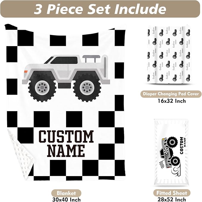 Personalized Baby Crib Bedding Set, Custom Name Pickup Truck Pattern Nursery Bedding Set 3 Pcs, Baby Blanket Fitted Crib Sheet Changing Pad Cover, Personalized Nursery Decor Gift for Newborns Boys