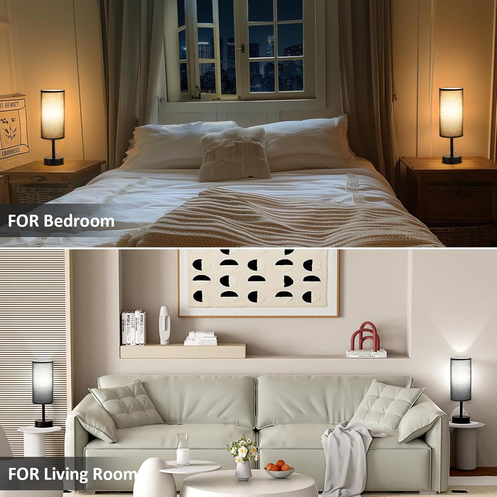 Black Bedside Table Lamps Set of 2-3 Color Temperatures Pull Chain Lamp with AC Outlet Charging Port, Round Night Stand Lamps for Bedroom Office, Small Bed Side Light with E26 LED Bulbs