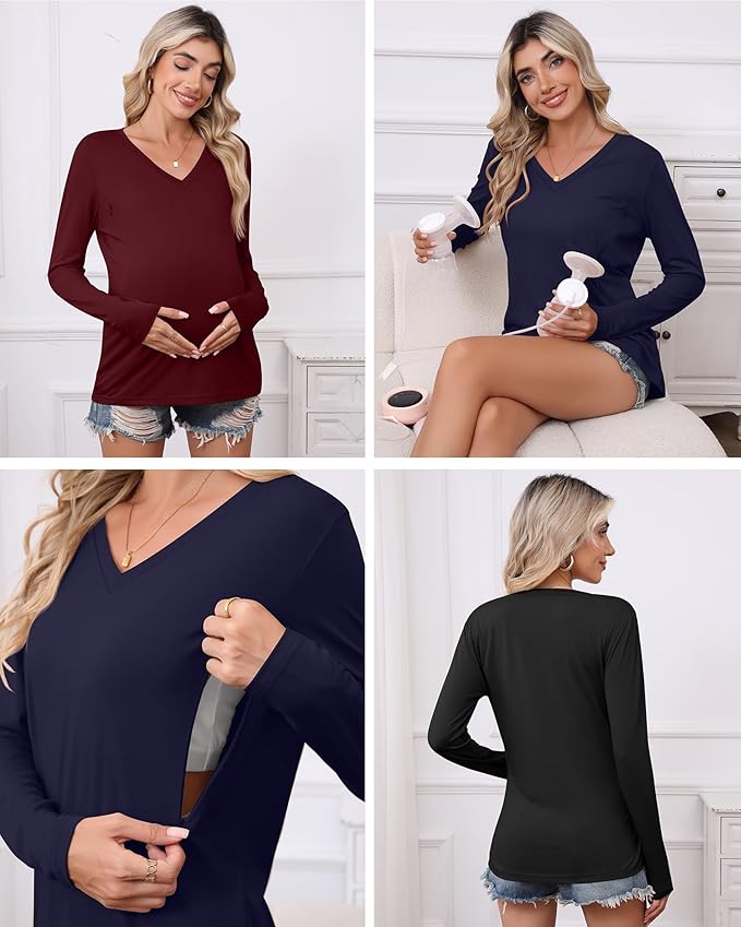 Huukeay 3 Pack Women's Long Sleeve Nursing Tops, Breastfeeding Hidden Zippers Shirts V Neck Maternity Pregnancy Tees Clothes