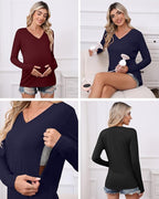 Huukeay 3 Pack Women's Long Sleeve Nursing Tops, Breastfeeding Hidden Zippers Shirts V Neck Maternity Pregnancy Tees Clothes
