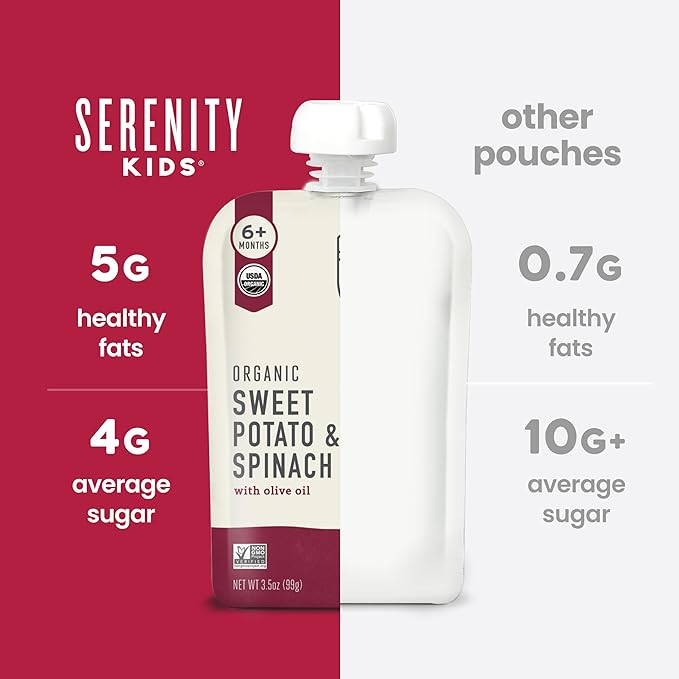 Serenity Kids 6+ Months Veggie Puree Baby Food Pouches - USDA Organic - No Sugary Fruits or Added Sugar - Allergen Free - 3.5 Oz BPA-Free Pouch - Sweet Potato & Spinach - 6 Count - Sweet Potato Puree