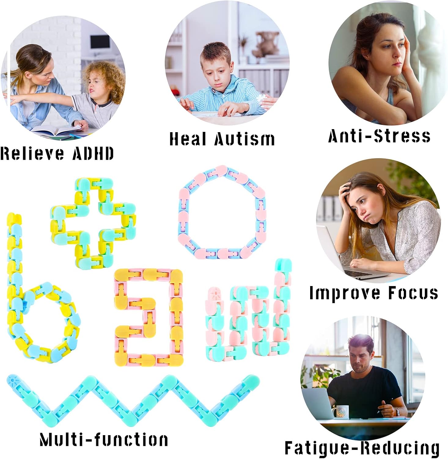 Woosir 6 Pack Wacky Tracks Fidget Toys Gifts for Kids Classroom Brithday Party Favors 24 Links Sensory Snap Fidget Snake Click Toys for Kids Adult Stress Relief Party Gifts Macarons Colors