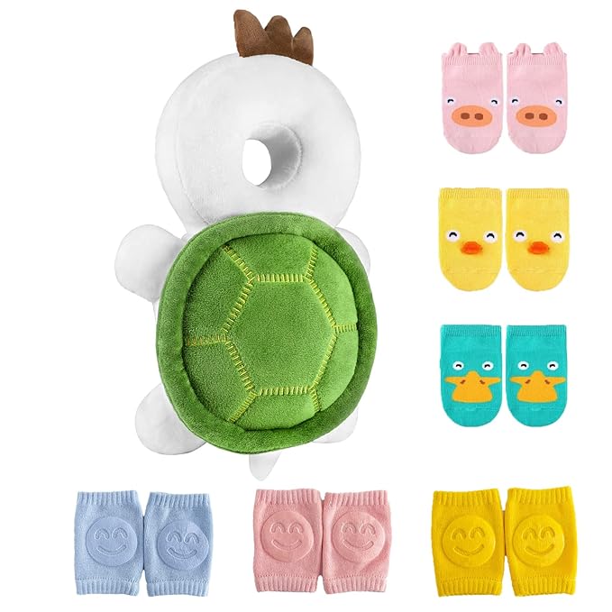 Toddler Head Protector Adjustable Backpack Safety Pad for Infants & Crawling, Includes Knee Pads & Socks - Tortoise HX WZ S7