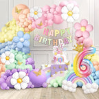 Pastel Balloons 219Pcs Daisy Balloon Garland Kit, 18 10 5 Inch Pastel Rainbow Balloons Arch, Birthday Decorations for Girls, Number 6 Balloons Daisy Balloons for Birthday Party Decorations