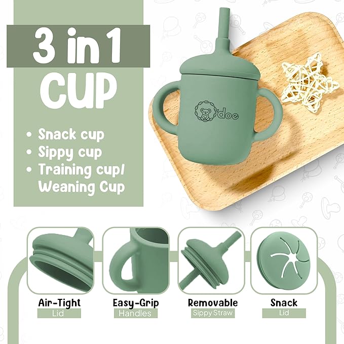 O'doe 11-Piece BPA-Free Silicone Baby Feeding Set | Thick & Soft Suction Plates, Baby Bowls, Wooden Fork & Spoon, and More | Make Mealtime Fun and Easy for Your Little One (Green, V1)