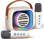 YF93 Mini Karaoke Machine for Kids with Bluetooth Speaker, 7 Voice-Changing Modes, Dual Microphones, Colorful LED Lights, TF Card Support, Portable Singing Gift for Children and Parties(Beige)