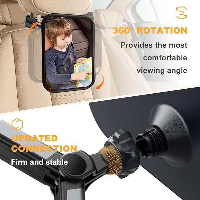 Baby Car Mirror for Rear Facing Seat - Clear View, Upgraded Hook Clip Design, 360 Rotation, Wide Crystal View, Shatterproof Crash Tested and Certified