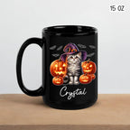 Personalized Halloween American Curl Ceramic Mug 11oz 15oz, Custom Name American Curl Wearing Witch Hat Coffee Cup, Cat with Pumpkins Halloween Black Cup, Spooky Cat Mug Gift for Pet Lover