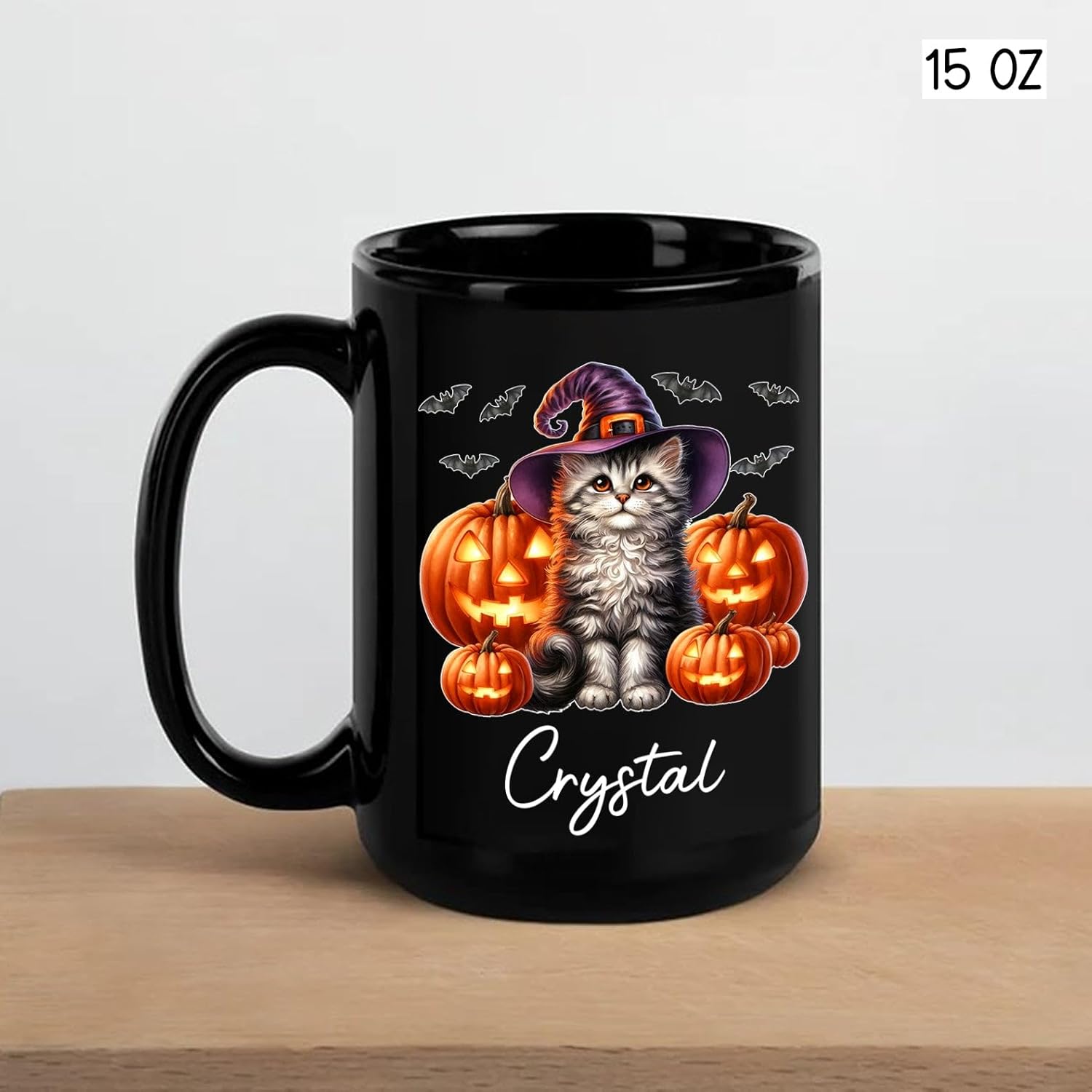 Personalized Halloween American Curl Ceramic Mug 11oz 15oz, Custom Name American Curl Wearing Witch Hat Coffee Cup, Cat with Pumpkins Halloween Black Cup, Spooky Cat Mug Gift for Pet Lover