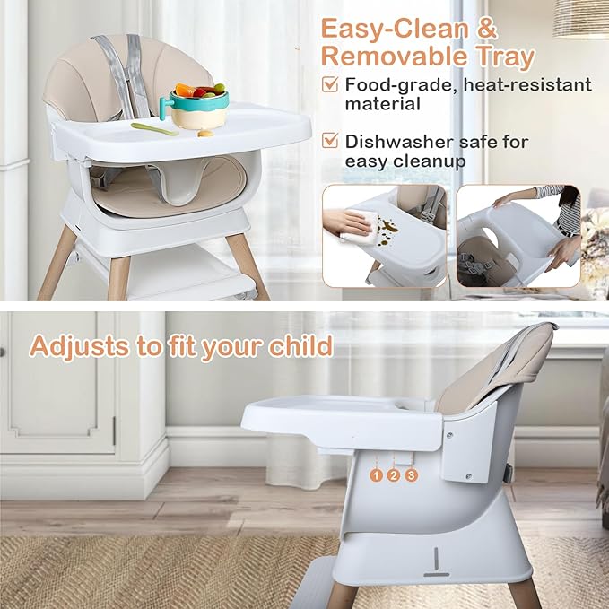 9 in 1 Convertible Baby High Chair with Booster, Wooden Highchair for Babies and Toddlers with Adjustable Tray & 5-Point Harness, Multi-Functional Growing Seat for Feeding, Learning & Play, Beige