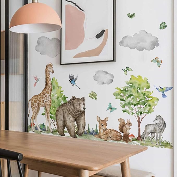 Watercolor Jungle Animal Wall Decals - Tiger, Elephant, Giraffe, Zebra, Lion,Monkey- Forest Wall Decal for Baby's Room, Playroom, Bedroom, Classroom, Kindergarten Decor