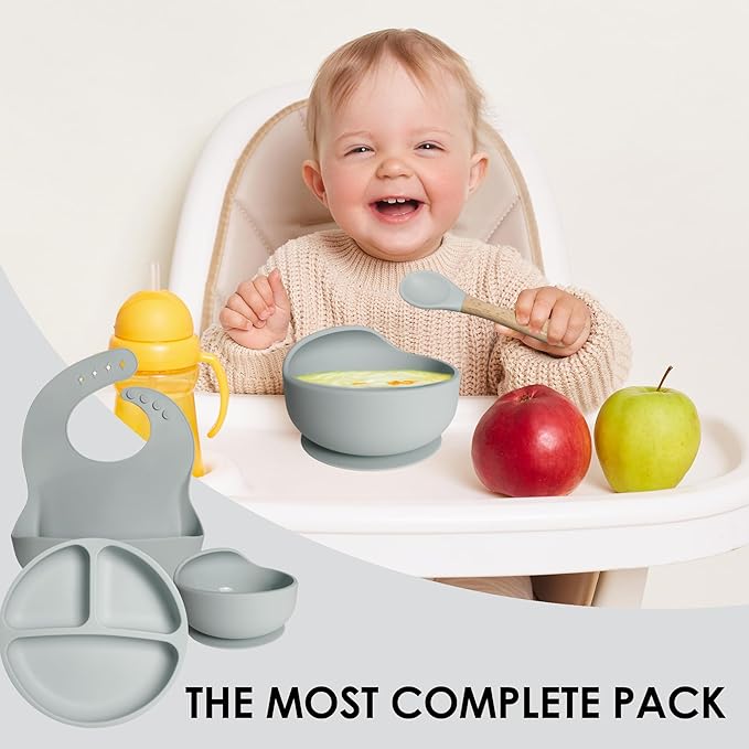 Bluet B- Silicone Baby Feeding Set - Baby Led Weaning Supplies - Baby Spoons, Suction Bowl - Plate - Baby Utensils - Silicone Feeding Set for Baby First Foods, Infant Eating - 8pcs - Gray