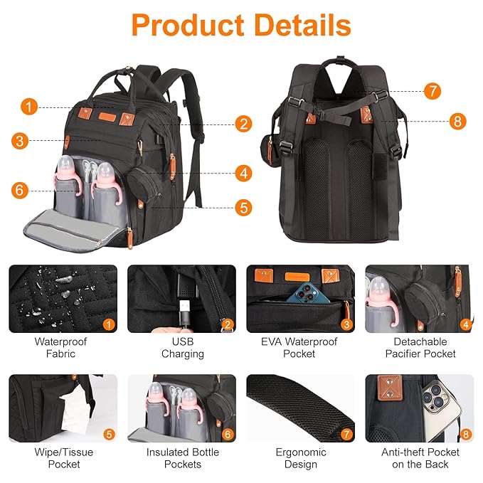 Diaper Bag Backpack, with Changing Table Backpack, 900D Oxford Cloth, Large Capacity Diaper Backpack, 3 in 1 Multifunctional Travel Baby Diaper Backpack (Large Black)