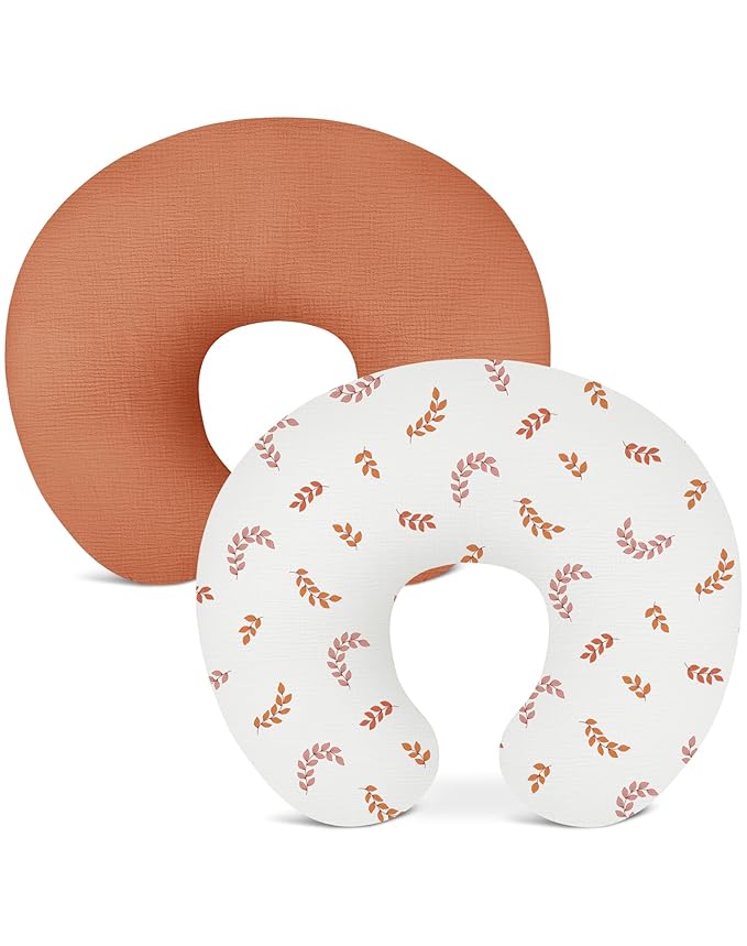 Nursing Pillow Covers 2 Pack, Muslin Nursing Cover for Breastfeeding Pillows, Comfortable for Baby Girls and Boys (Brick & Leaf)