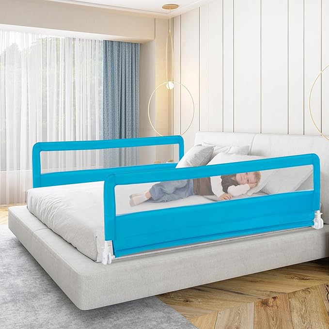 HONEY JOY Bed Rail for Toddlers, 71-in Extra Long, Portable Safety Bed Guardrail w/Double Safety Child Lock, Foldable Baby Bed Rail Guard, Fit King & Queen Full Twin Size Bed Mattress(Blue, Pack 2)