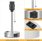 Grey Bedroom Lamp for Nightstand - 3 Color Temperature Table Lamp with USB C and A Ports, Pull Chain Bedside Lamp with AC Outlet, Desk Lamp with Silver Metal Base for Kids Girls