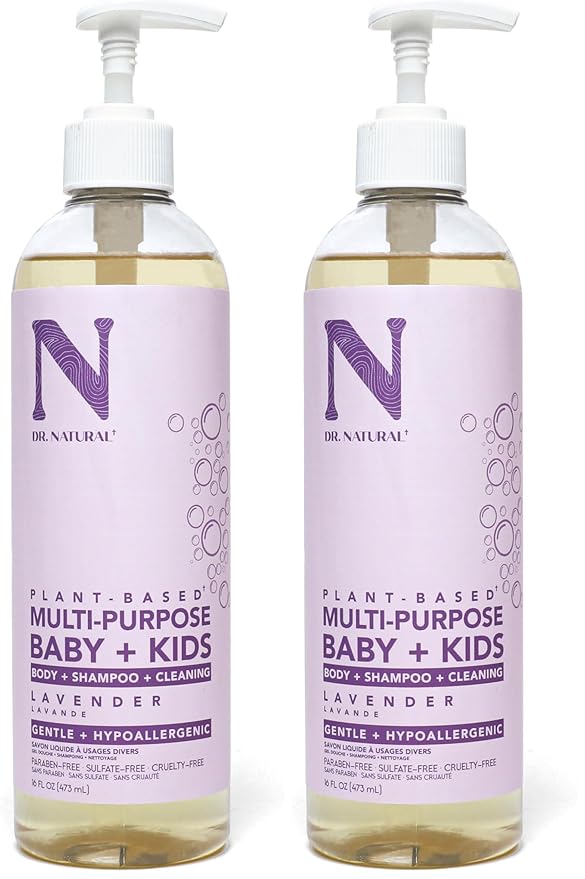 Dr. Natural Multi-Purpose Baby Plus Kids Soap, Lavender, 16 oz - Plant-Based - with Shea Butter - Hypoallergenic - Body Wash, Face Wash, Hand Soap - Sulfate-Free, Paraben-Free, Cruelty-Free