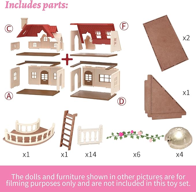 Family Cozy Cabin Doll House Playset, Dollhouse Furniture and Accessories,DIY Cottage Pretend Play Dollhouses, for Toddlers, Boys & Girls